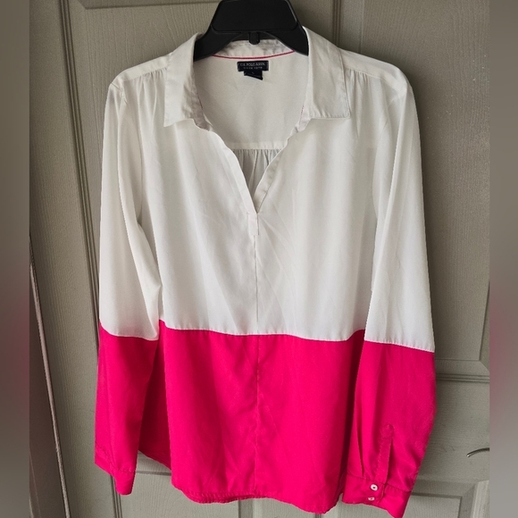 U.S. Polo Assn Shirt Women Sz L White Pink Pullover Long Sleeve Colorblock - Picture 2 of 9